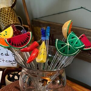 Vintage Mid-Century Hand-Painted Glass Fruit Swizzle Sticks or cocktail picks.